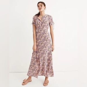 Madewell Silk Tie-Sleeve Maxi Dress in Oasis Palms Pink Short Sleeve